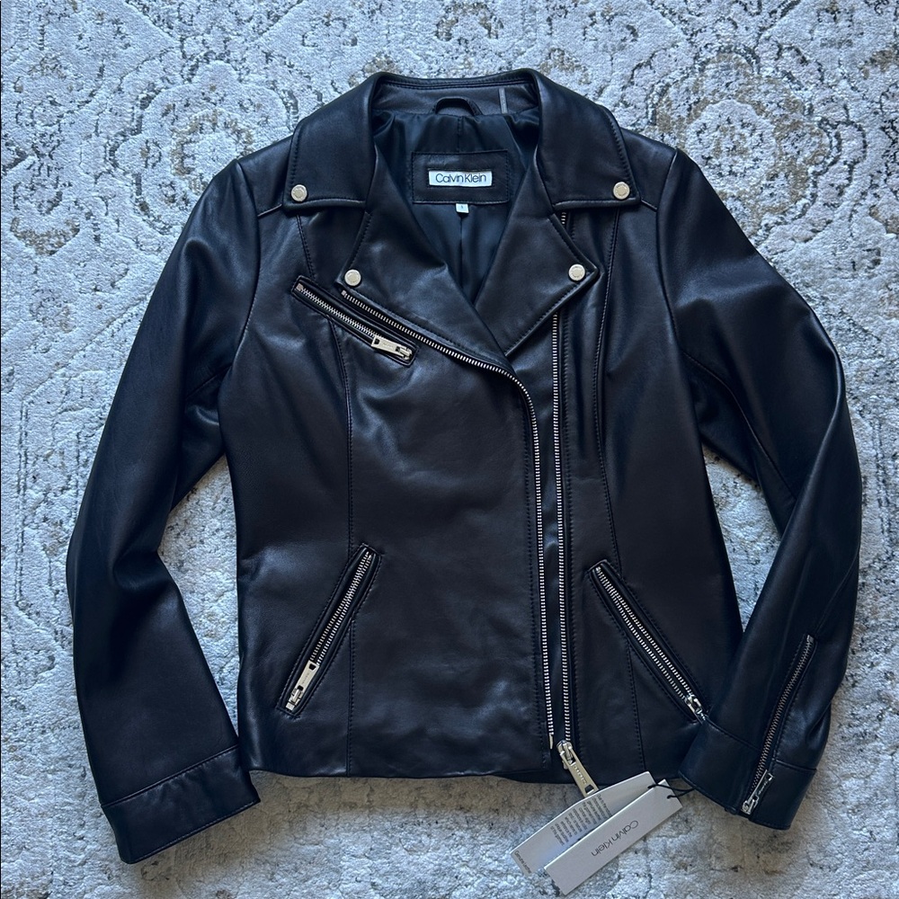 NEW Calvin Klein Black Leather Biker Jacket